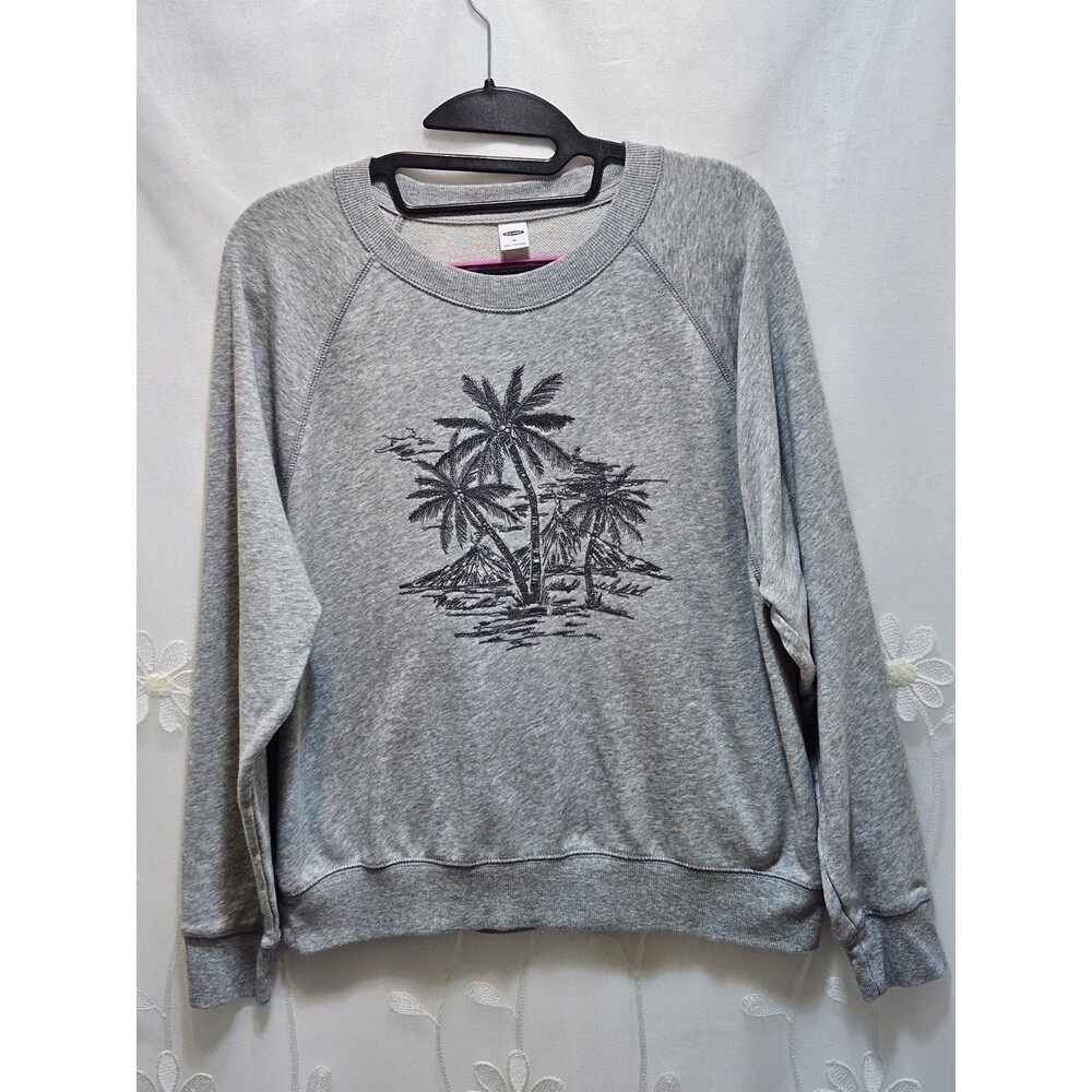 Old Navy Womens Medium Gray Sweater Cropped Palm Trees Coastal Paradise Tropical